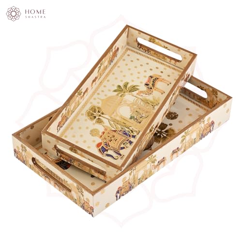 Image of Wooden Serving Tray with Gold Engraving | Set of 2 | Size : 14 x 8 inch & 12 x 6 inch | Enamel Coated Waterproof | Rectangular | Decorative Trays | Royal Camel Medium & Small