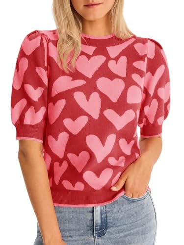 Saodimallsu Womens Puff Short Sleeve Heart Sweater Valentines Crew Neck Graphic Knit Pullover Crop Tops Light Pink
