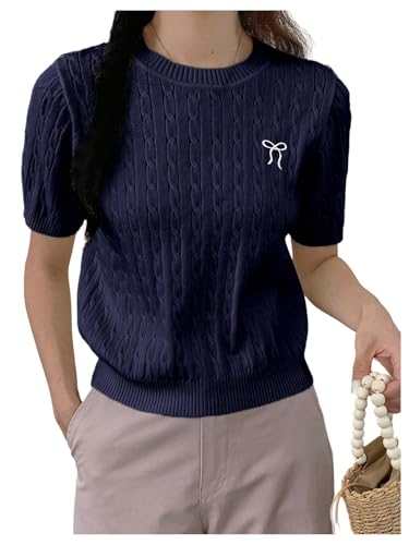 OYOANGLE Women's Short Sleeve Sweater Tops Bow Embroidery Cable Knit Pullover Sweaters