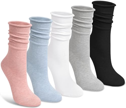 Image of Chalier 5 Pairs Slouchy Socks for Women, Soft Cotton Crew Socks | Breathable Blend, Elastic Cuff, Cute Roll Top, Calf Scrunch Tube, Easy Pull On, Flexible Stretch Motion, Casual Daily Wear