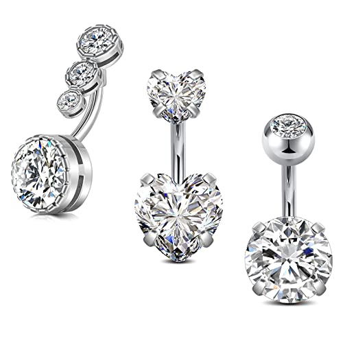 Vcmart 3 uds Piercing de Ombligo Corto 6mm corazón Ombligo Anillos 14G Plata Piercing joyería Acero Inoxidable Cover