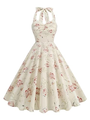 Women's Ruched V-Neck Floral Vintage Dress Backless Flare Evening Dress for Party Wedding Cocktail2