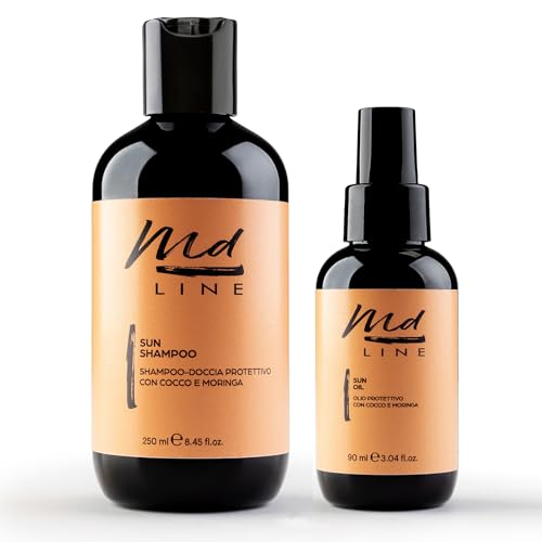 md LINE Protezione Solare Capelli sun Kit OFFERTA Doccia Shampoo Doposole + Oil Spray Protettivo Cocco, Acai e Moringa – Protettore Sole, Mare e Cloro, Idea Regalo Estate, Cura Naturale Made in Italy
