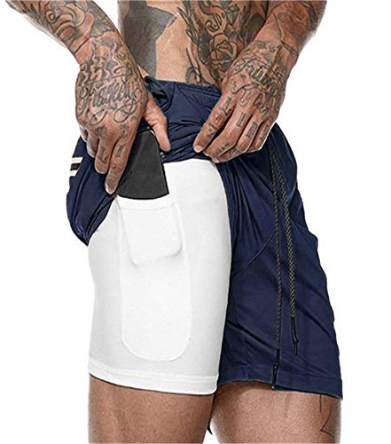 Akk Men s Compression Shorts Running Training 2 in 1 Joggers Shorts with Phone Pocket Navy