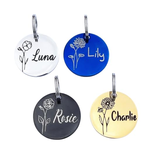 Dogs Cats ID Tags Personalized Designed Birth Month Flower Pets Collar Name Tags Custom Engraved Tags, Anti-Lost Name ID Collar Accessories Collar Charm