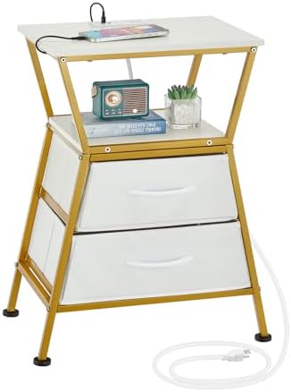 Nightstand with Charging Station, Side Tables for Bedroom with Built-in USB Side Table with 2 USB Ports and Outlets Nightstand with Cloth Drawer End Tables Living Room Sofa Couch