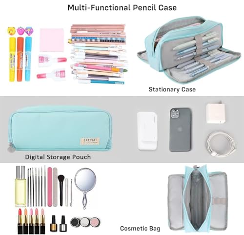 Image of Canvas School Bag Pencil Case, 3 Layer 6 Compartment Large Capacity, Aesthetic Pencil Pouch for Stationary, Cute Stationery for Kids, Pencil Case for Girls & Boys (Special Sky Blue)