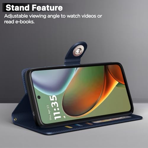 Image of Pikkme Flip Cover Leather Finish | Inside TPU with Card Pockets | Wallet Stand and Shock Proof | Complete Protection Button Flip Case for Moto G15(Blue)