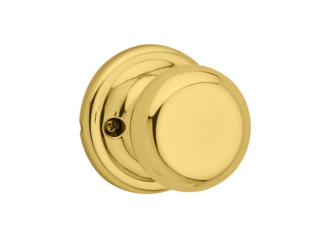 Kwikset Juno Dummy Door Knob, Single Sided Handle for Closets, French Double Doors, and Pantry, Polished Brass Non-Turning Interior Push/Pull Door Knob