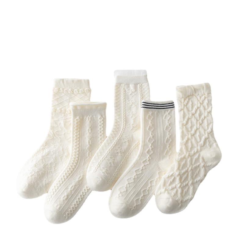 Cimvide5 Pair Cute White Socks Coquette FLoral Lace Ruffle Frilly Socks Cottagecore Cable Knitted Socks Ankle Socks for Women