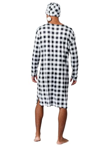 Mens Plaid Pajamas Robe Lightweight Nightshirts with Night Cap V Neck Long Sleeve Sleep Shirt4
