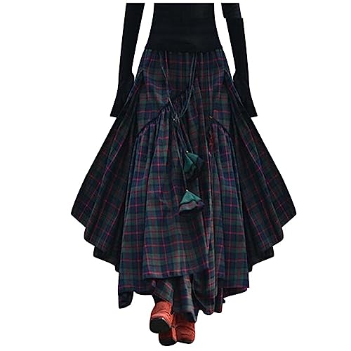 Röcke Damen Kariert Lange Tartan Retro Maxirock Hohe Taille Schottenkaro Ausgestellte Form Vintage Long Swing Skirts Elastische Taille...