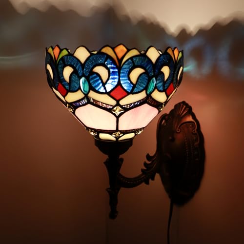 Image of Stained Glass Wall Sconce Plug in Wall Bedside Light Stained Glass Wall Lamp 8X10.5X11 Inch for Hallway Stairway Bedroom (Pink Baroque Style)