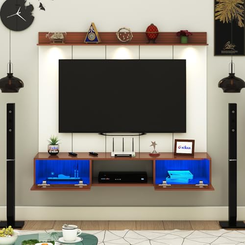 Image of Anikaa Orilo Wall Mounted PVC Back Panel TV Unit with Spot & Blue Ambient LED Light - Acrylic Storage Box, Display Shelf & Soft-Close Hinges | Ideal for UP to 50 Inch TV (Walnut - DIY Installation)