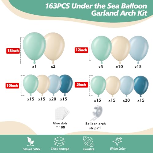 Image of 163Pcs Under The Sea Balloon Garland Arch Kit - Ocean Theme Party Decorations with Dusty Slate Blue Pastel Green Sand White Balloons for Baby Shower Birthday Under the Sea Party Decorations