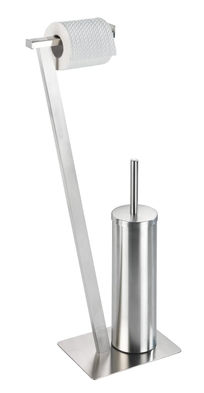 WENKO Piantana set WC Lirio , stender per carta igienica e scopino WC, portarotolo WC, piantana portarotolo incl. scopino, acciaio inox resistente contro la ruggine, 15 x 68,5 x 30 cm, opacizzato