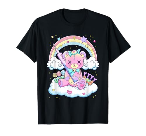 Kawaii Pastel Goth Netter Gruseliger Regenbogenbär T-Shirt