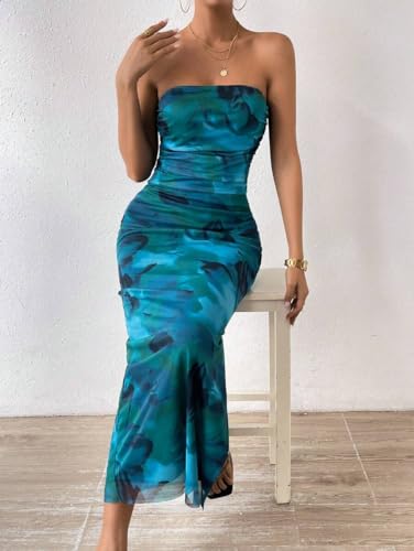 Image of LIGHT DOT Women's Summer Dress Printed Strapless Tube Bodycon Maxi Side Slit Mesh Layered