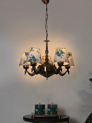 Image of Devansh 05-Light Printed Conical Multicolor Cotton Shade Chandelier - Antique Golden Finish | Adjustable Cord | Warm Glow Lamp - Ceiling Light for Living Room, Dining Area, BedroomDecor - D2