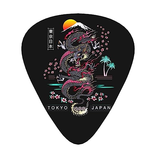 ギターピック 12枚 3種類の厚さ ドラゴン竜 富士山 桜 さくら 和風柄 ギターピックセット ピックケース 収納ボックス付き アコーステイクギター エレキギター ウクレレ マンドリン ベース バンジョー用 片面印刷 初心者用 ベース用ピック ギター Ab