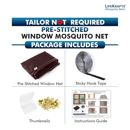 Image of Lifekrafts Standard Size Window Mosquito Net (Size-60x130cms /24x51 Inches /1.97x4.27 Feet, Color-Brown) 120 GSM Stitched Fiberglass Net with Strong Hook & Loop Adhesive Tape