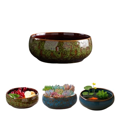 Lotus Bowl Planter ，Ceramic Water Plant Pot Sacred Bowl Lotu Flower, Creative Hydroponic Planter,Flowerpot Pond for Lotus Seeds, Bonsai, Succulents, Hydroponic Plants(6.5in*2.6in) (Green)