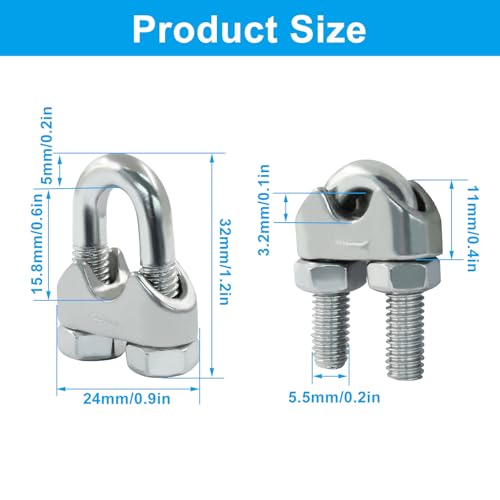 Cjueiom 12 Pcs Wire Rope Clip Cable Clamp M6 for 6mm / 1/4 inch Wire Rope Clamp, 304 Stainless Steel U Bolt Saddle Fastener for Rigging Rope and Tension Cable Garden Tensioning Wire Ropes