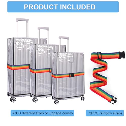 3PCS Waterproof Luggage Protective Cover with Colorful Straps Clear Suitcase Cover Protectors PVC Transparent Travel Dustproof Luggage Sleeve Protector(20 Inches, 24 Inches, 28 Inches)3