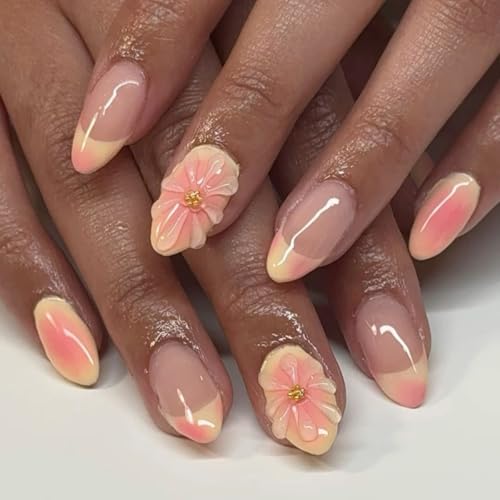 Summer Press on Nails Short Almond Fake Nails Cute Yellow Pink Na...
