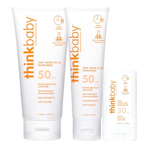 Image of Thinkbaby Baby Sunscreen - SPF 50+ (3 Oz & 6 Oz) + SPF 30 Sunscreen Stick (0.64 Oz)