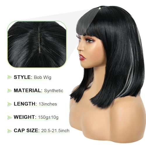 Image of Creamily Short Hair Wig for Women Full Head, Bob Cut Wigs with Bangs for Women, Hightlight Black Mix Grey Straight Ladies Wigs Natural Hair Full Head (Black,14 inches)