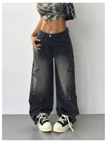 WDIRARA Women's Star Baggy Jeans Raw Trim Wide Leg Denim Pants Grunge Punk Streetwear4
