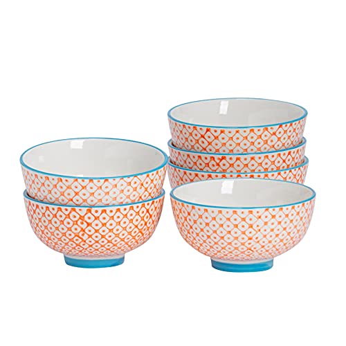 Nicola Spring Patterned Rice Bowls - Orange - 11.5cm - Pack of 6 - Porcelain Flower Print Design Noodle Serving Snack Bowls for Snacks, Pasta, Noodles, Fruit, Cereal, Salads