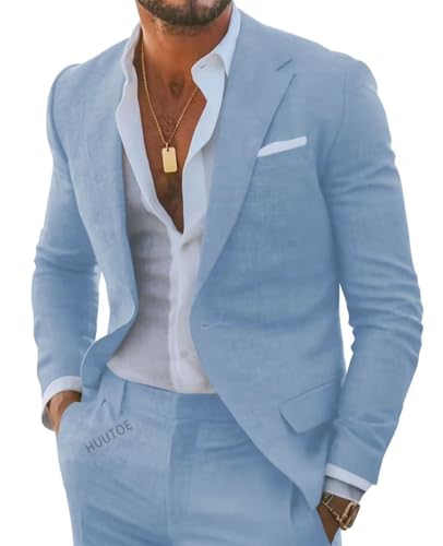 HUUTOE Mens Linen Suit Slim Fit 2 Piece Beach Wedding Summer Wear Prom Party 2 Button Linen Blazer Jacket and Pants Suits Set