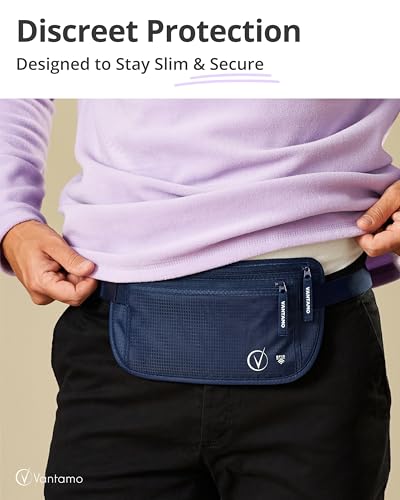Image of Vantamo Money Belt with RFID For Men & Women, Hidden Passport Holder for Travel, 2 Compartment Travel Fanny Pack for Women Anti Theft