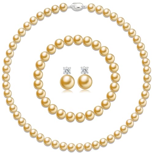 Pttozan 女性用パールネックレス、8mmパールネックレスとイヤリングブレスレットジュエリーセット レディース メンズ 結婚式 誕生日 バレンタイン クリスマスギフト, 人工パール, キュービックジルコニア（Amazon）