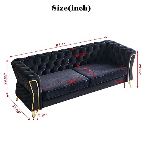 Image of KEIKI 87 inch Chesterfield Velvet Button Tufted Sofa with High Density Foam Cushions, Modern 3-Seater Couch with Gold Strip Trim Decoration, Easy Assembly, for Apartment, Living Room, Office, Black