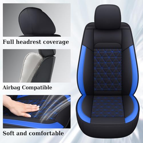 Image of Coverado Car Seat Covers Full Set, Leather RAM 1500 Seat Covers Protectors Compatible with 2002-2026 Dodge RAM 1500 2500 3500 Crew Double Mega Quad Cab with Flat Bench, Blue