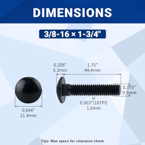 Image of 3 /8-16 x 1-3 /4 inch Black Carriage Bolts with Nuts and Washers Kits (10 Sets), 304 Stainless Steel 18 /8, Black Finish, Round Head, Square Neck, Heavy Duty Bolts, Indoor Outdoor Fastening Bolts, Fayeploo