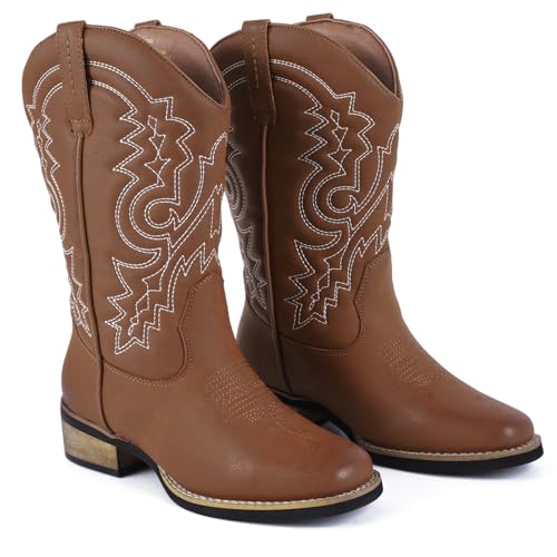 Image of ZOKSOVE Women's Cowboy Western Boots - Square Toe Wide Calf Boots - Low Heels Short Mid Calf Booties Shoes