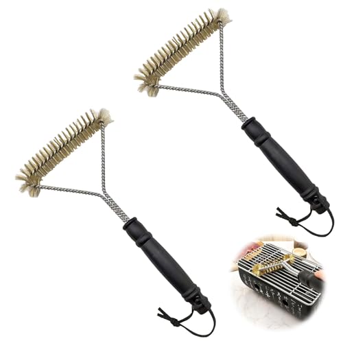 2 Brosse Barbecue de Nettoyage Triangulaire 30,5 cm, brosses à Barbecue 360° à Trois Faces avec Poils en Laiton et Manche en Plastique résistant à la Chaleur, idéal pour BBQ, grillades gaz, Charbon