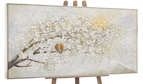 YS Tableau peinte à la main paysage printanier Aube Art abstrait modern fleurs blanches Surface texturée oiseaux Couleurs claires avec cadre 120x60 cm