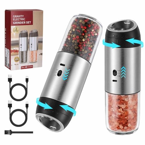 GLOKUUCA Gravity Electric Salt Grinder Set with Variable Grinding Speed, External Adjustable Coarseness, One Hand Operation, Stainless Steel 2 Pack