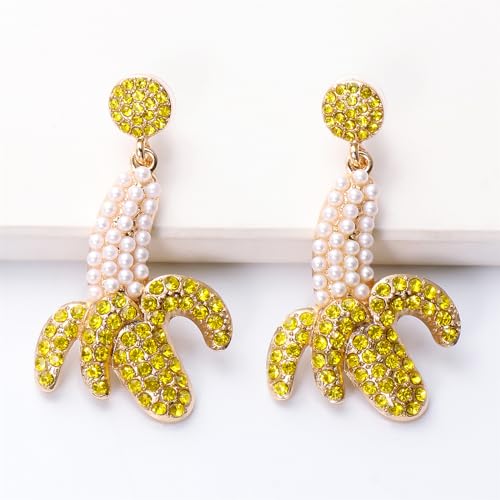 Banana Fruit Pearl Earrings Gold Plated Funny Yellow Bananas Summer Tropical Fruits Sparkly Colorful Rhinestone Cubic Zirconia Beaded Dangle Drop Earrings for Beach Holiday Birthday Party Jewelry Gifts3
