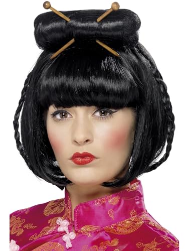 Smiffys Perruque femme orientale, noire, mi-longue avec baguettes Halloween