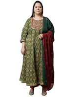 Rajnandini Women's Pure Cambric Cotton Embroidered Plus Size Kurta Set With Dupatta (JOPLVL213X-5XL_Green & Red_5XL)