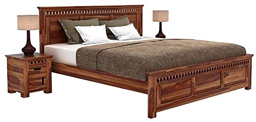 Image of Sheesham Wood Queen Size Bed Without Storage Wooden Double Bed for Bedroom Living Room Home and Hotels (Teak Finish)