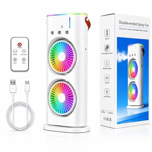 Image of MIKANIX Dual Fan Air Cooler with Mist Spray | Portable Cooling Fan, 90 Oscillation, Remote Control, RGB Ambient Lighting | USB Powred for Home, Office & Bedroom, 5 Years Warranty