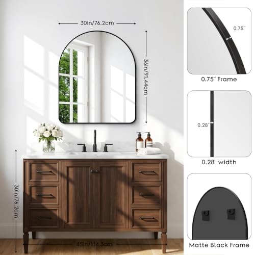 Image of BONEWEI Arched Wall Mirror,30x36 inch Black Arched Mirror Bathroom,Vanity Mirror for Over Sink Metal Frame,Tempered Glass Arch Mirrors for Bedroom,Entryway,Living Room,Home Decor Shatter-Proof