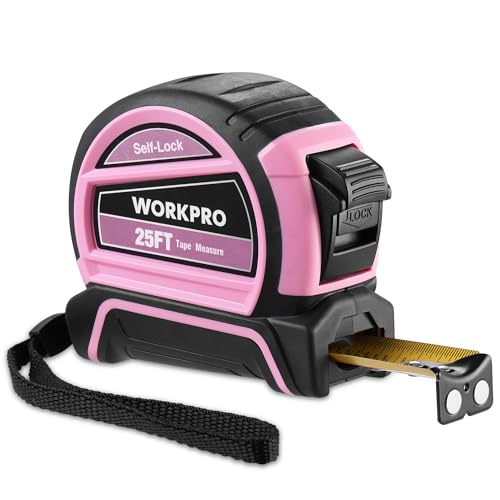 WORKPRO 25FT Pink Tape Measure, Dual Lock Tape Measure with Fractions Every 1/8' and 1/32' Accuracy, Quick Read, Nylon Coated with Magnetic Hook, Shock-Resistant Case and Belt Clip - Pink Ribbon